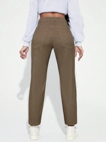 SHEIN EZwear 高腰媽媽牛仔褲 - 卡其色 - 查看 2