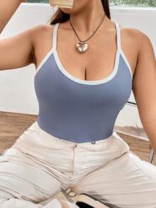 Flirla Hơn Tương phản ràng buộc Cami ngọn - Màu xanh bụi bặm - Xem 4