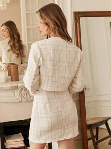Serisse Teacher Outfits Plaid Print Jacket & Split Hem Grace Suits Skirt Winter Elegant Spring