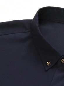 男士大码素色前排扣口袋貼布襯衫 - 深色水洗藍 - 查看 3