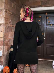 SHEIN Unity Halloween Pumpkin Pattern Zip Up Hooded Cardigan Fall Cloth For Women - Black - View 2
