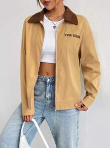 Flirla Letter Graphic Contrast Collar Drop Shoulder Zipper Front Coat Fall Cloth For Women - Khaki - View 1