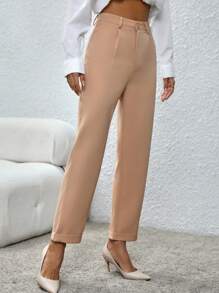 SHEIN Essnce Roll Up Hem Straight Leg Pants - Apricot - View 5