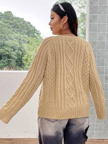Flirla Plus Cable Knit Raglan Sleeve Sweater - Apricot - View 2