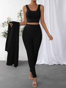 SHEIN Essnce Solid Crop Tank Top & Leggings & Coat - Black - View 4