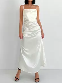 EURMUSE Solid Ruched Side Cami Dress - Apricot - View 5