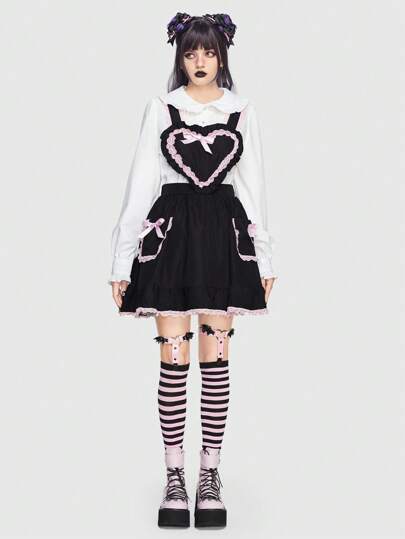 ROMWE Kawaii 愛心圖案蕾絲拼接背帶洋裝不帶襯衫