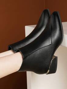 Fall/Winter Women's Sophisticated Black 4cm Leather Patchwork Pointed Toe Electric Plating Glossy Chunky Heel Side Zipper Fashionable Sexy Party Short Shaft Commuting Flat Chelsea Boots,Boots For Women - Black - View 4