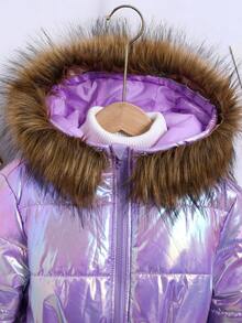 Tween Girl Mid-Length Padded Coat With Hood, Collar And Shiny Fabric, Adjustable Waist Fall Winter - Lilac Purple - View 3