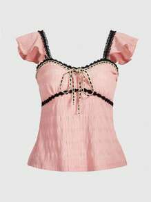 ROMWE Kawaii Top con encaje en contraste con diseño de nudo ribete con fruncido - Rosa - Ver 1