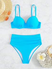SHEIN Swim Summer Beach Plain Push Up Bikini Set - Blue - View 6