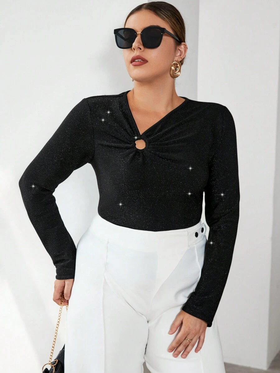 SHEIN Privé Plus Ring Linked Glitter Tee - Black - View 1