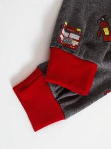 2 件套年轻男孩卡通消防车印花 T 恤和裤子睡衣套装，秋季，圣诞节 - 深灰色 - 查看 5