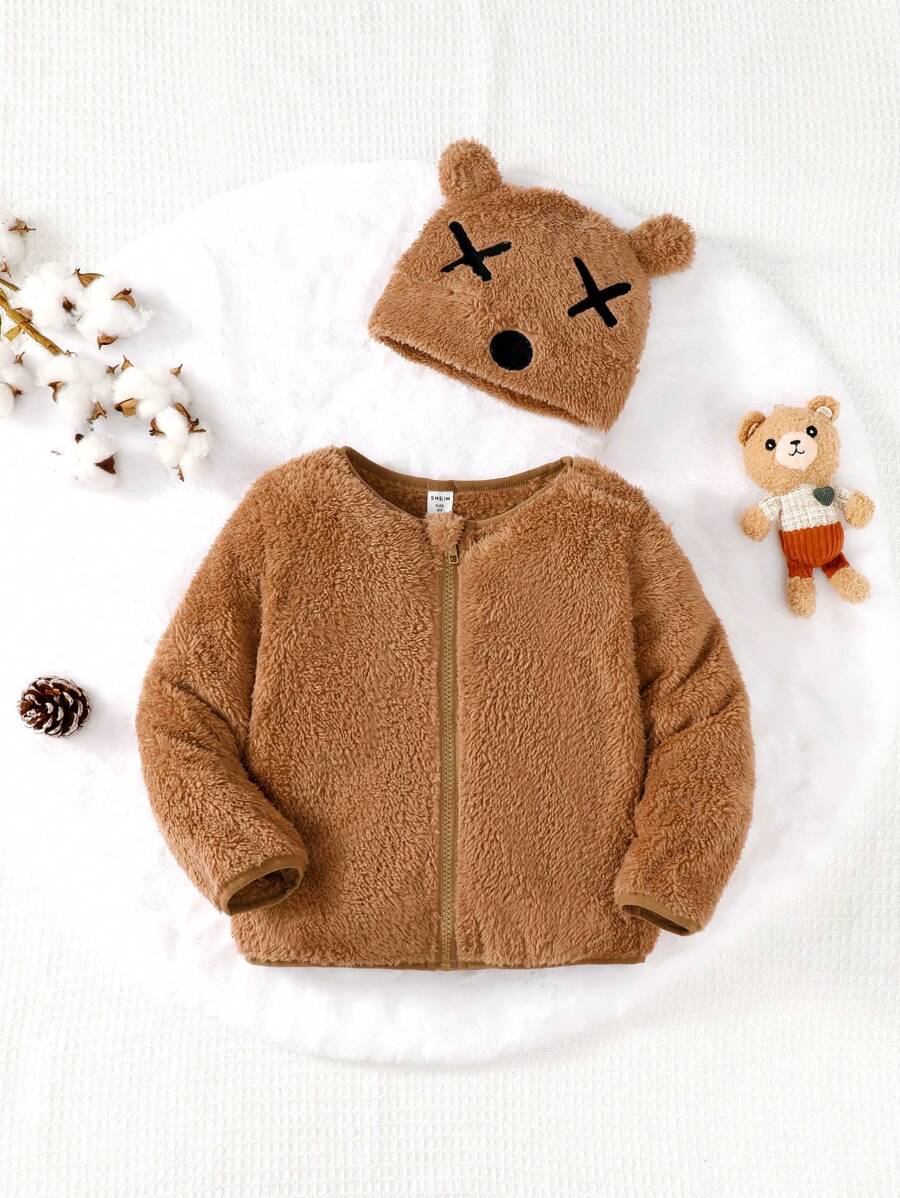 Chàng trai trẻ Dây kéo Áo Teddy Jackets
   & Mũ - màu nâu - Xem 1