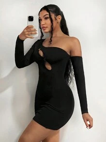 SHEIN SXY Cổ không đối xứng Cắt ra Váy bodycon - màu đen - Xem 4