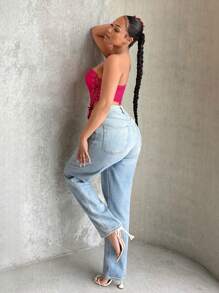 SHEIN SXY Lace Up Front Bandana Hem Tube Top - Hot Pink - View 2