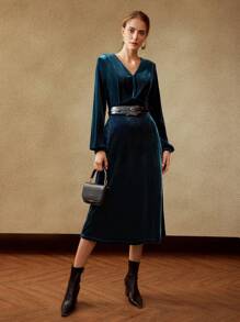 MOTF PREMIUM Cổ v Phù hợp thường Đầm - Màu xanh ngọc - Xem 2