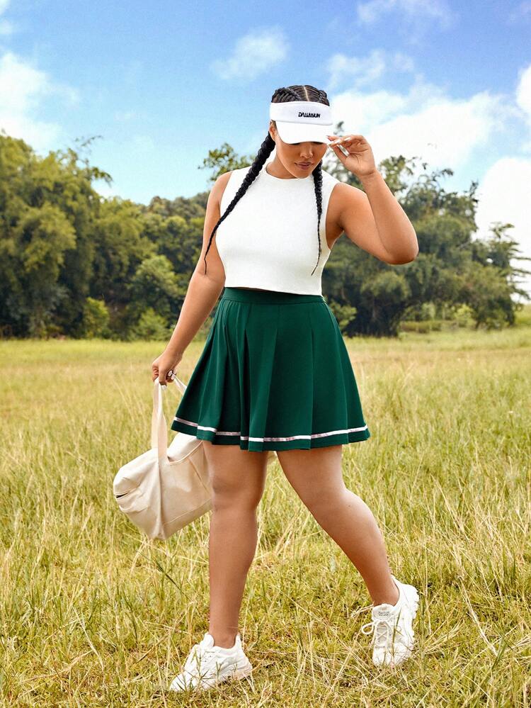 Plus Lightweight Sports Tank Top & Striped Print Sports Skirt,Women Tennis Outfit