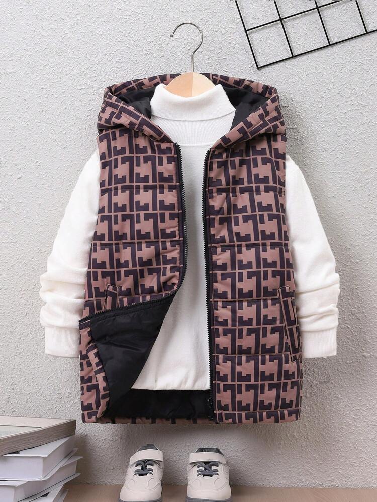 Tween Boy 1pc Geo Print Zipper Hooded Vest Padded Coat
