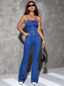 SHEIN ICON Mono con bolsillo oblicuo pierna amplia mezclilla - Azul lavado medio - Ver 4