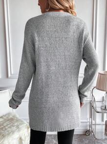 EMERY ROSE Drop Shoulder Casual Design Cardigan,Long Sleeve Tops Fall Winter Cloth For Women - Grey - View 2