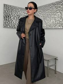 DAZY 翻领斜插口袋漆皮风衣，秋季女装外套 - 黑色 - 查看 1