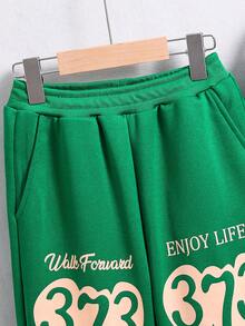 男大童標語圖案斜口袋衛褲 - 綠色 - 查看 5