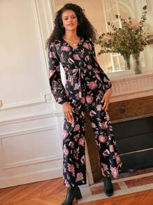 SHEIN Frenchy Floral Print Lantern Sleeve Belted Jumpsuit