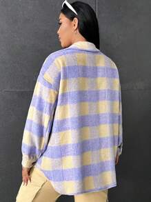 SHEIN EZwear Plus Buffalo Plaid Print Drop Shoulder Flap Pocket Overcoat - Violet Purple - View 2