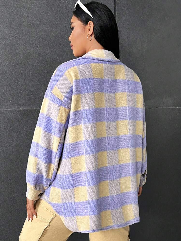 Plus Buffalo Plaid Print Drop Shoulder Flap Pocket Overcoat