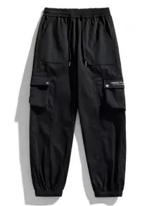 Men Slogan Graphic Flap Pocket Drawstring Waist Cargo Pants - Black - View 1