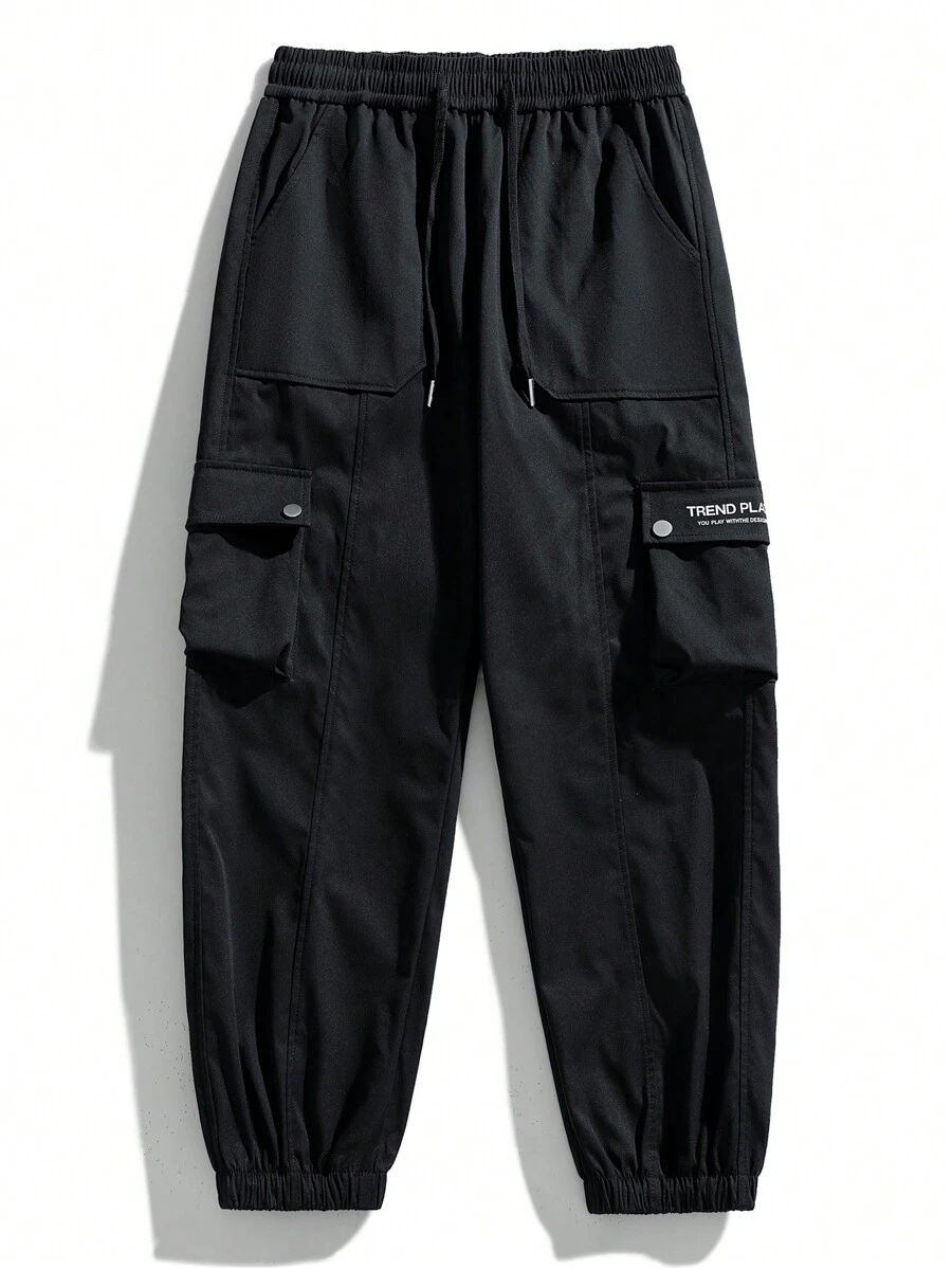 Men Slogan Graphic Flap Pocket Drawstring Waist Cargo Pants - Black - View 1
