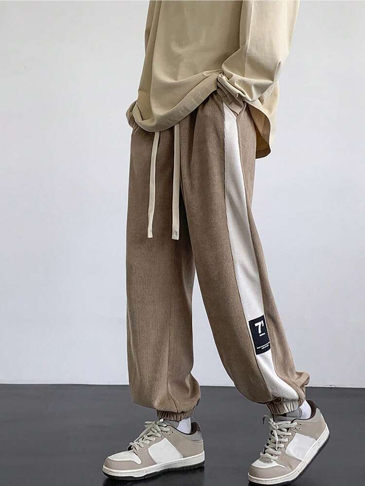 抽繩 貼布 口袋撞色 字母男士衛褲 - 咖啡棕 - 查看 4