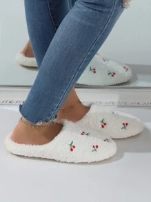 可爱刺绣水果毛绒保暖家居拖鞋，安静室内地板袜，女士秋冬款 - 白色 - 查看 2
