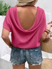SHEIN LUNE Plus Draped Backless Batwing Sleeve Tee - Hot Pink - View 1