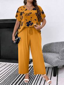 SHEIN LUNE Talla grande Top con estampado floral de manga murciélago & Pantalones de cintura con cordón - Amarillo Mostaza - Ver 6