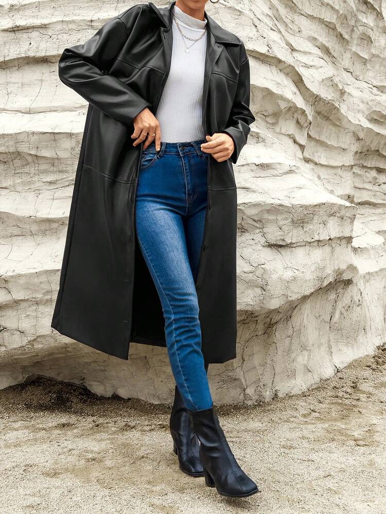 Solid Single Breasted Placket PU Leather Coat