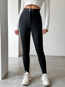 SHEIN Essnce 休閒前紐扣純色女士打底褲 - 黑色 - 查看 1