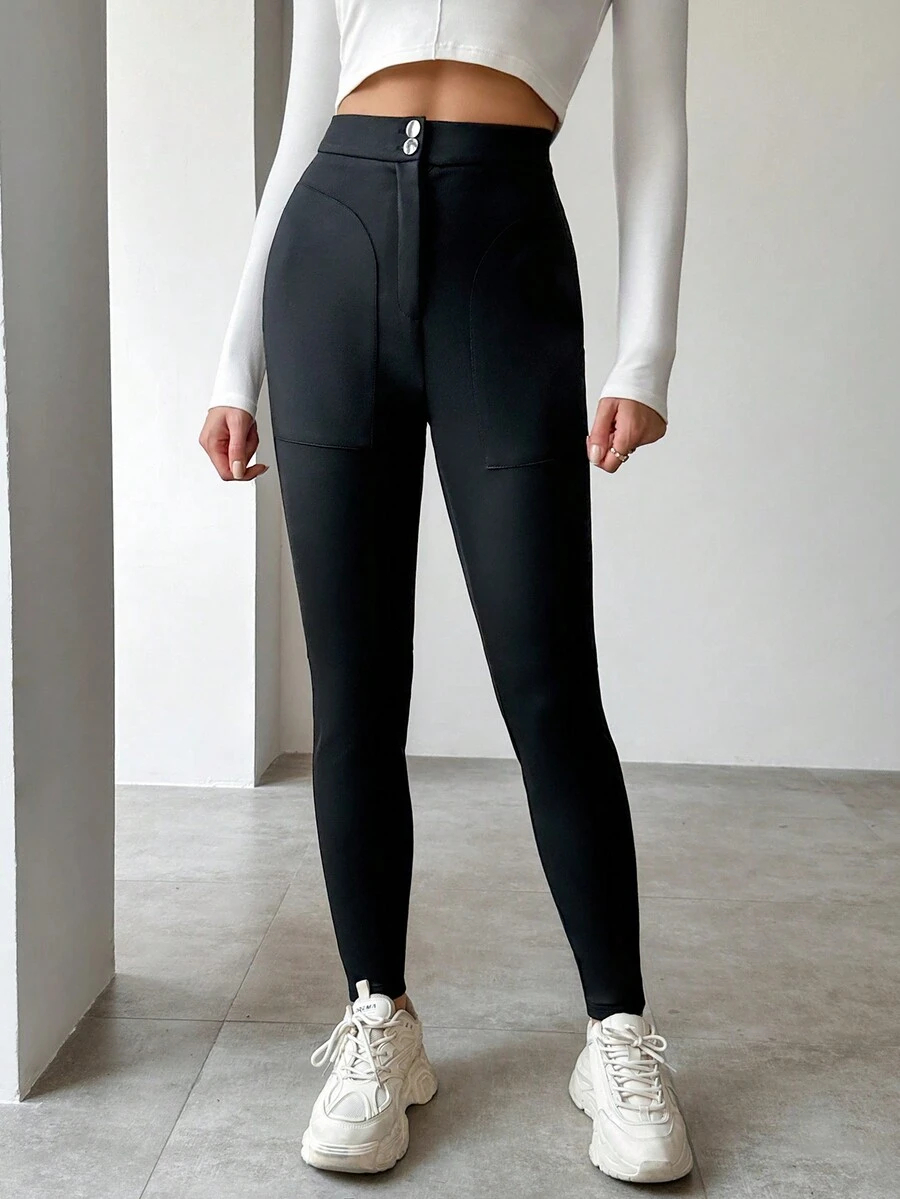 SHEIN Essnce 休閒前紐扣純色女士打底褲 - 黑色 - 查看 1
