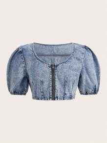 SHEIN MOD Zip Up Puff Sleeve Crop Denim Top - Medium Wash - View 1