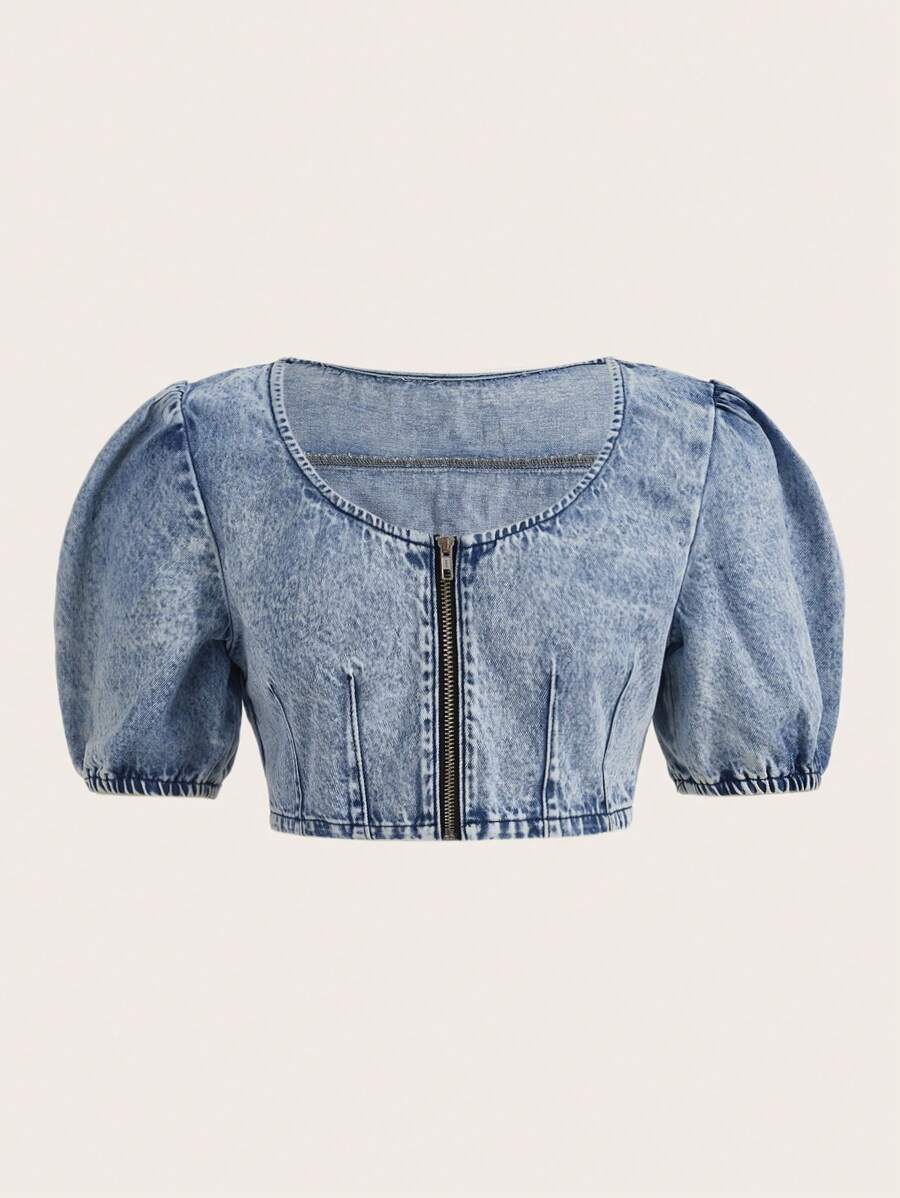SHEIN MOD Zip Up Puff Sleeve Crop Denim Top - Medium Wash - View 1