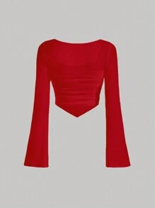 SHEIN MOD Red Top Date Night Tops Going Out Tops Square Neck Flare Sleeve Ruched Hanky Hem Tee