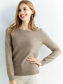 100% Merino Wool Women's Sweater Warm Soft Crewneck Basic Pullover - Camel - View 3