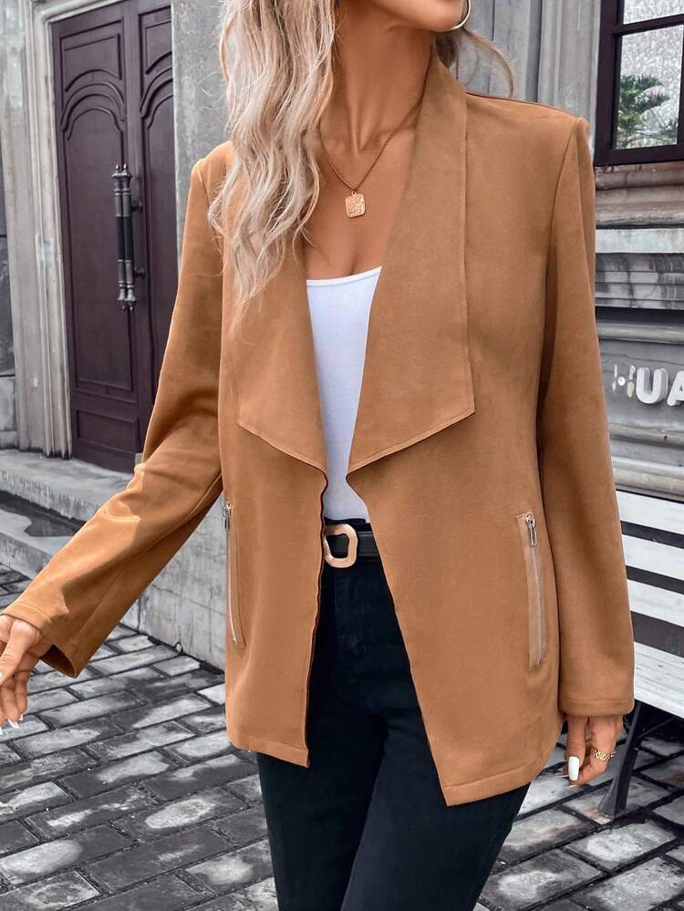 Waterfall Collar Zip Detail Coat Winter Brown Casual