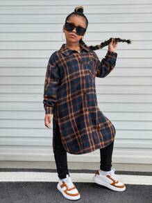 Cô gái Tween Đồ họa kẻ sọc & khẩu hiệu Thả vai Áo sơ mi - Nhiều màu - Xem 5