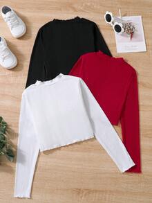 SHEIN 女大童3入組素色木耳邊條紋針織T恤 - 彩色 - 查看 2