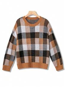 SHEIN LUNE Große Größen Karomuster Oversized Pullover Strickpullover Herbst Winter Pullover - Verschiedenfarbig - Übersicht 1