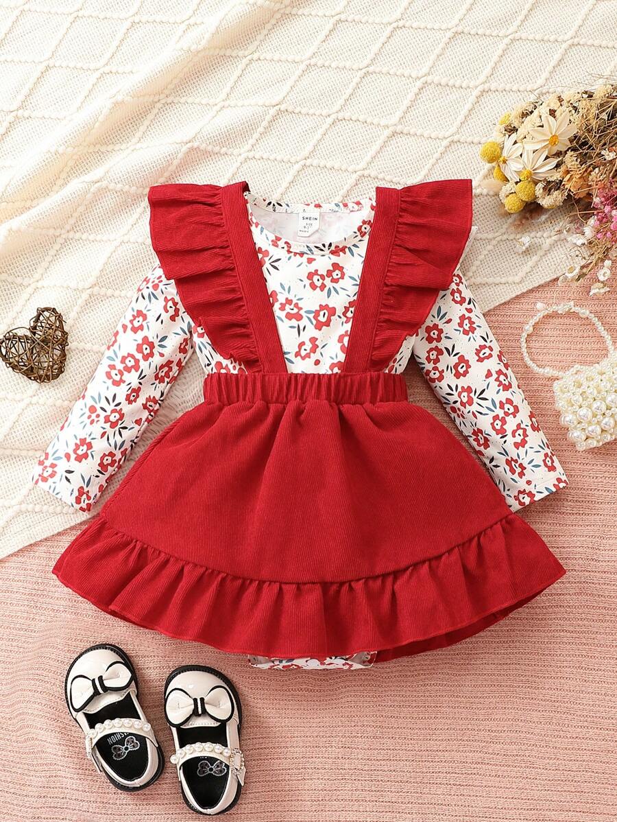 女嬰印花連身背心&荷葉邊背带半身裙