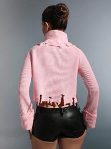 SHEIN Unity 高領條紋針織仿舊下擺短款毛衣 - 淺粉色 - 查看 2