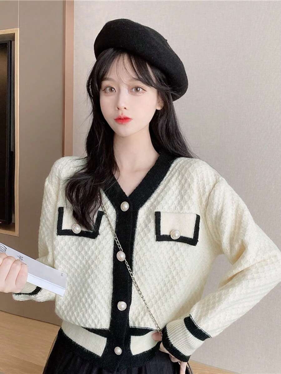 Áo Cardigan thường xuyên thả vai có viền tương phản, áo dài tay - Màu be - Xem 1